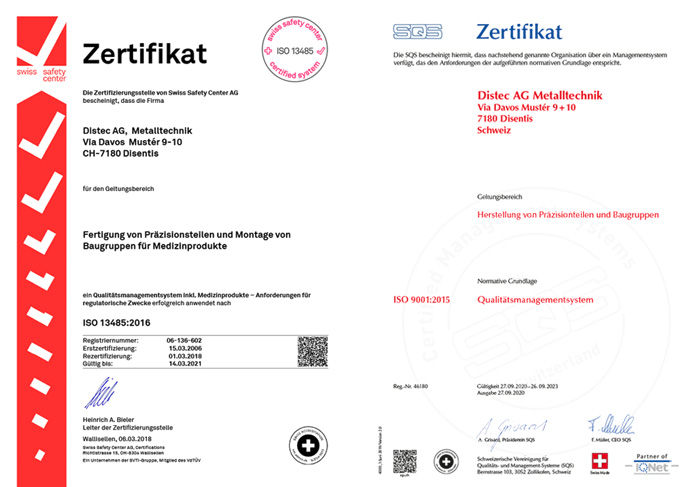 zertifikat iso13485 iso9001 distec ag Metalltechnik